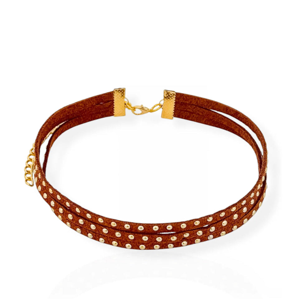 Colar Chocker Camurça Com Pontinhos Dourado