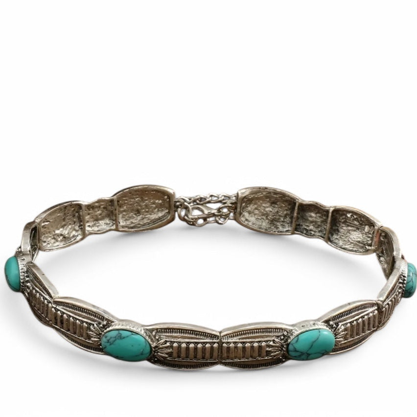 Colar Chocker metal Prateado e turquesa