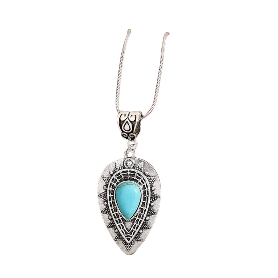 Colar Corrente com Pingente Boho e turquesa Prateado
