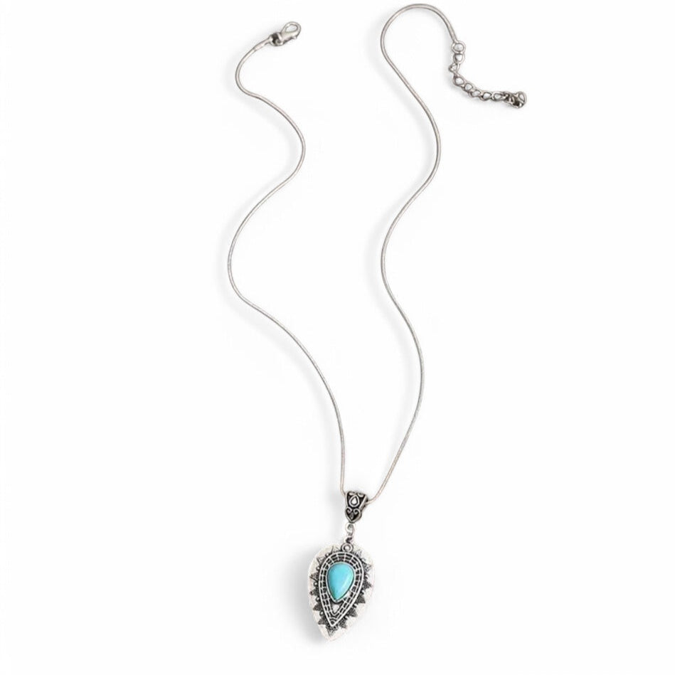 Colar Corrente com Pingente Boho e turquesa Prateado