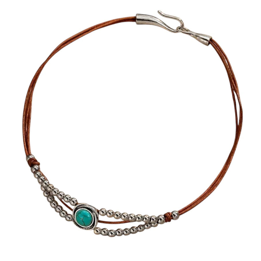 Colar Chocker Courinho com metais e Turquesa